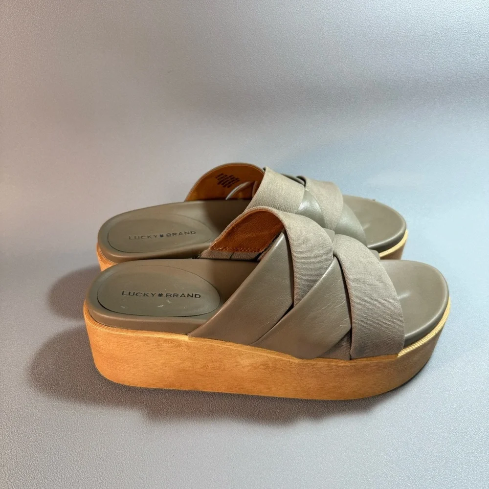 Lucky Brand Dikona Beige Woven Leather and Elastic Strap Platform Sandals
